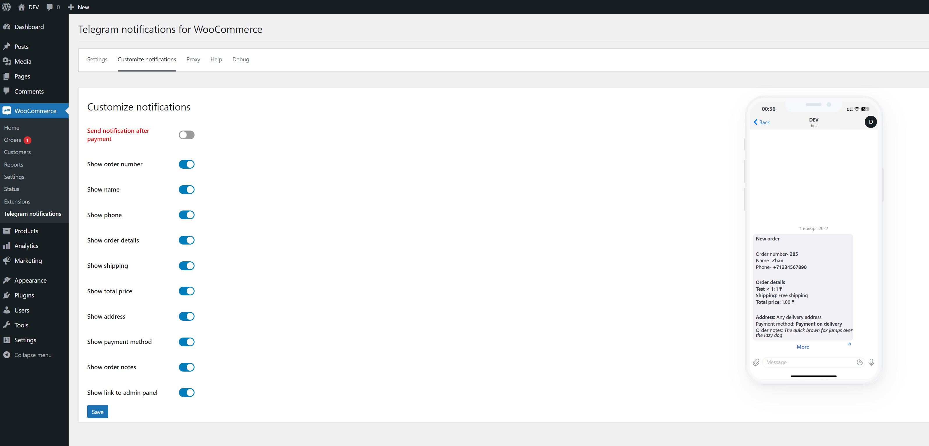 Telegram notifications for WooCommerce